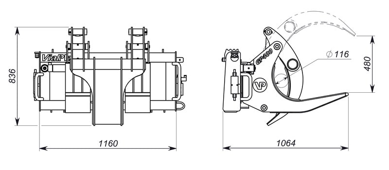 Dimensiones del implemento: GP400 - Garra para postes